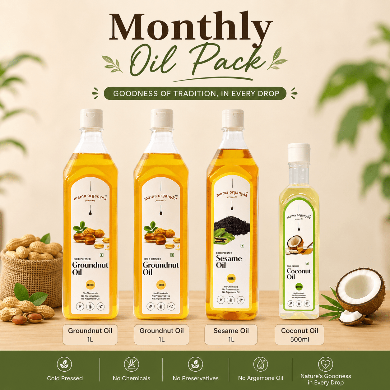 Monthly Oil Pack (Groundnut 2L + Sesame 1L + Coconut 500ml) - mamaorganyka